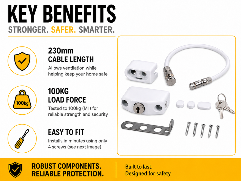 Window cable restrictor kit contents: lock body, hidden handle bracket, 230mm cable, two keys and screws. 230mm cable allows ventilation while keeping the home safe, 100kg load force tested to M1, easy to fit in minutes with four screws.