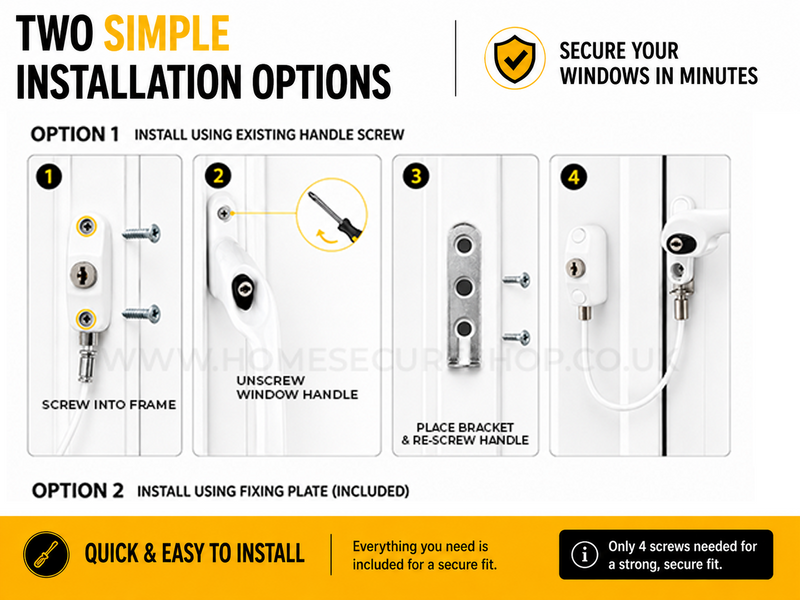Two simple installation options: option one using the existing handle screw, option two using the fixing plate included. Secure your windows in minutes.