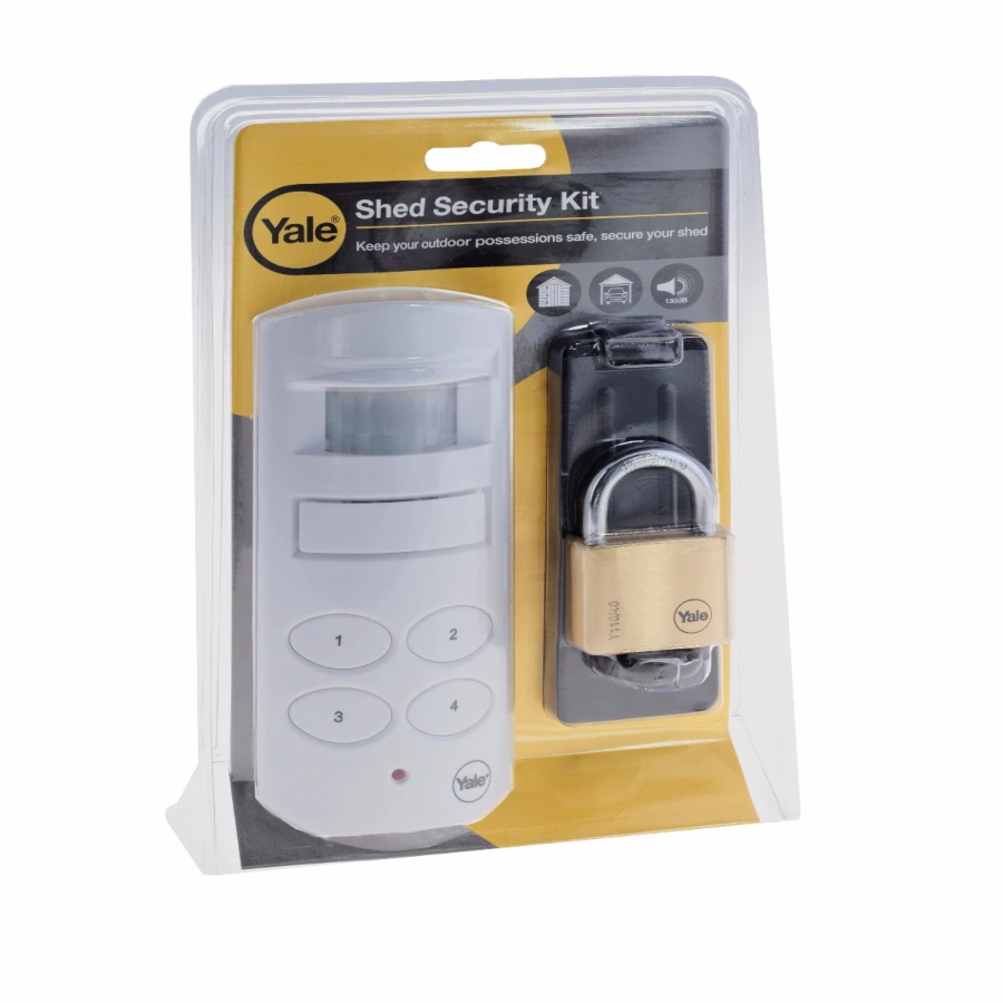 Yale Shed Security Pack including wireless alarm, brass padlock and security hasp for protecting sheds and outbuildings.