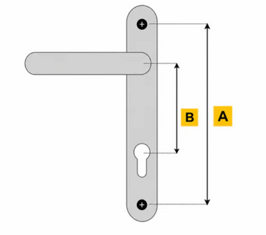 uPVC door handle guide showing screw centres and PZ measurement