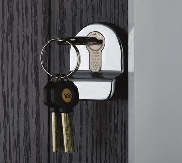 Yale Platinum Ultra 3 star euro cylinder fitted in a door with the key in, showing the Yale Ultra name and BSI Kitemark on the face (cylinder guard shown fitted, not included)