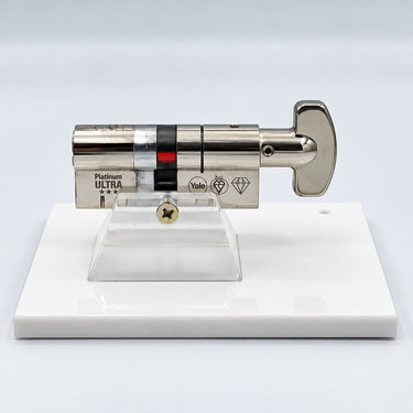 Yale Platinum Ultra thumb turn euro cylinder seen from the side on a display stand