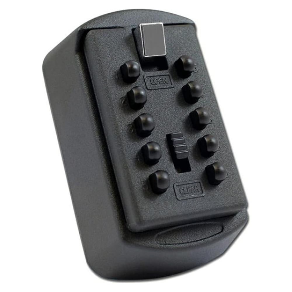A black ASEC small key safe with a combination lock, suitable for indoor and outdoor use, wall mounted and includes fixings.