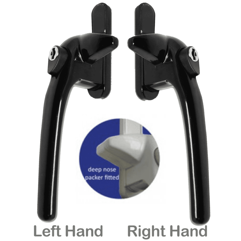 A pair of black cockspur window handles, one labeled for left hand and one for right hand operation, along with a close-up view of a nose packer fitted to the handle.