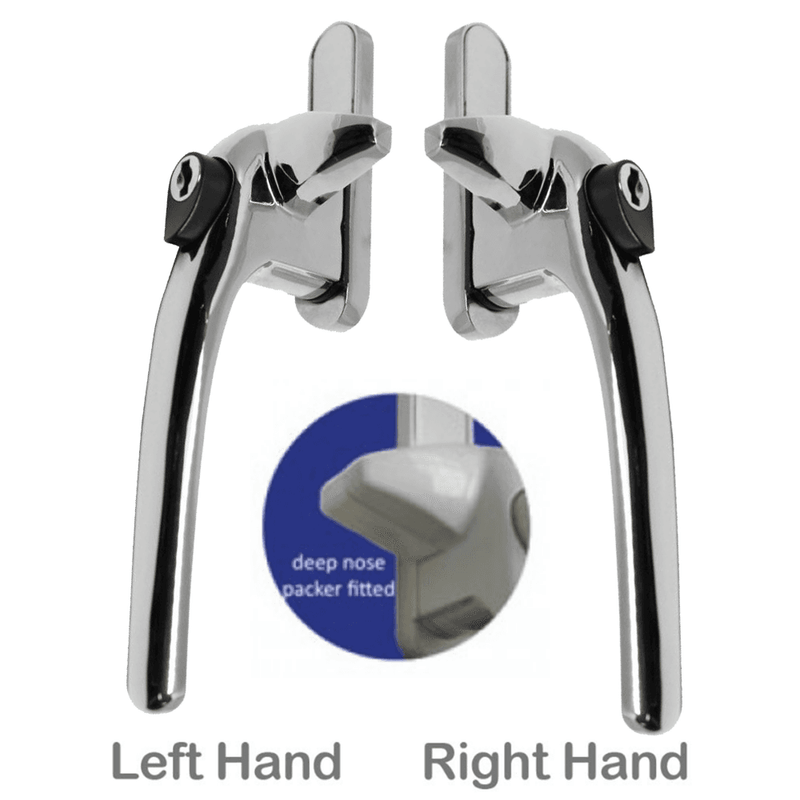 A pair of chrome cockspur window handles, one labeled for left hand operation and one for right hand operation, with a close-up of the key lock mechanism.
