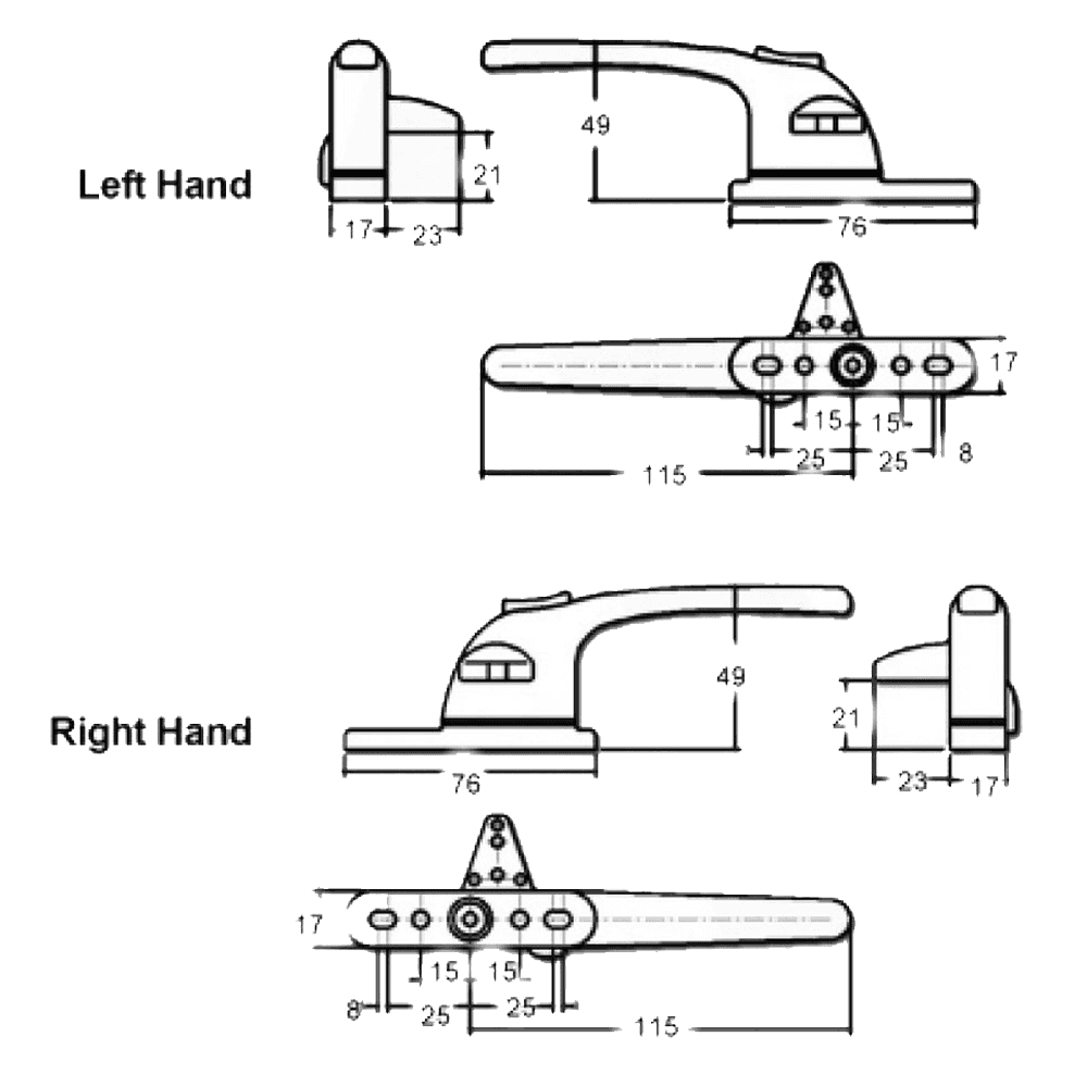 Technical diagram of an adjustable cockspur handle kit showing left-hand and right-hand versions with detailed measurements in millimeters, including handle length, screw hole spacing, and step heights.