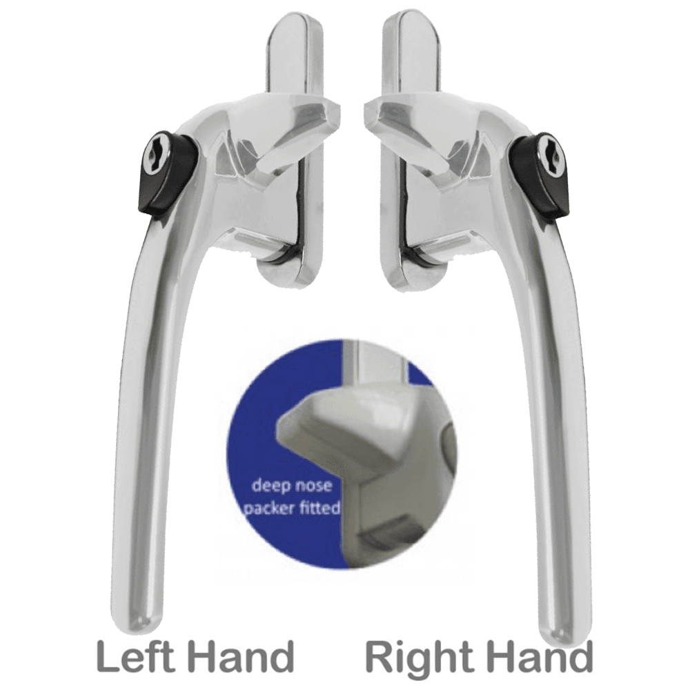 A pair of silver cockspur window handles, one labeled for left hand and one for right hand operation, along with a close-up view showing a deep nose packer fitted.