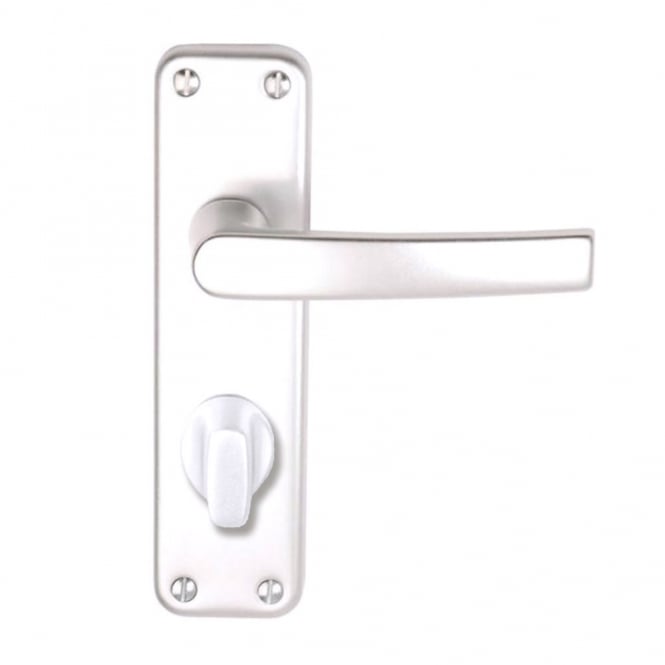 An aluminium internal door handle with a lever on a rectangular backplate, shown in a silver finish. The backplate has four visible screws, one at each corner. Below the lever, there is a round thumb turn lock for securing the door from the inside. The handle and thumb turn have a smooth and modern design.