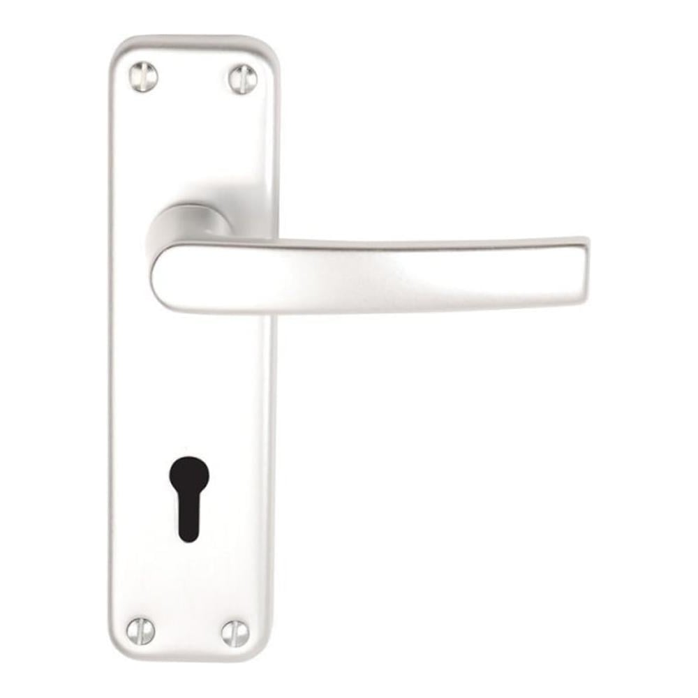 Aluminium internal door handle with a lever on backplate design, featuring a keyhole for a mortice lock.