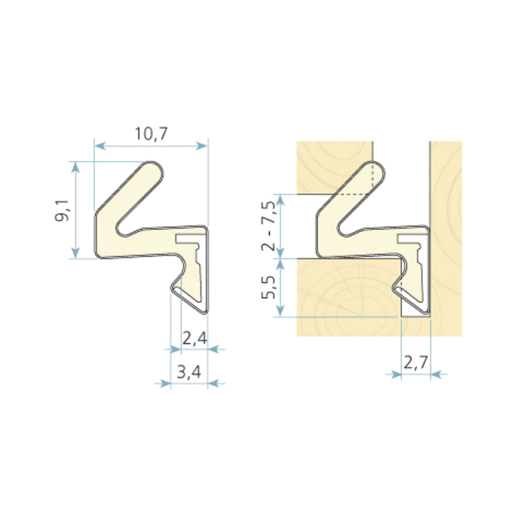 Technical diagram of the Aquamac Qlon AQ21 Schlegel window and door gasket weatherseal in white, showing dimensions in millimeters for profile width, height, and fitting depth.