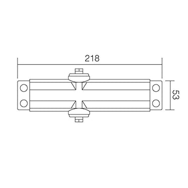 Technical drawing of a metal door security bar with dimensions 218mm in length and 53mm in height, featuring mounting holes on both ends.