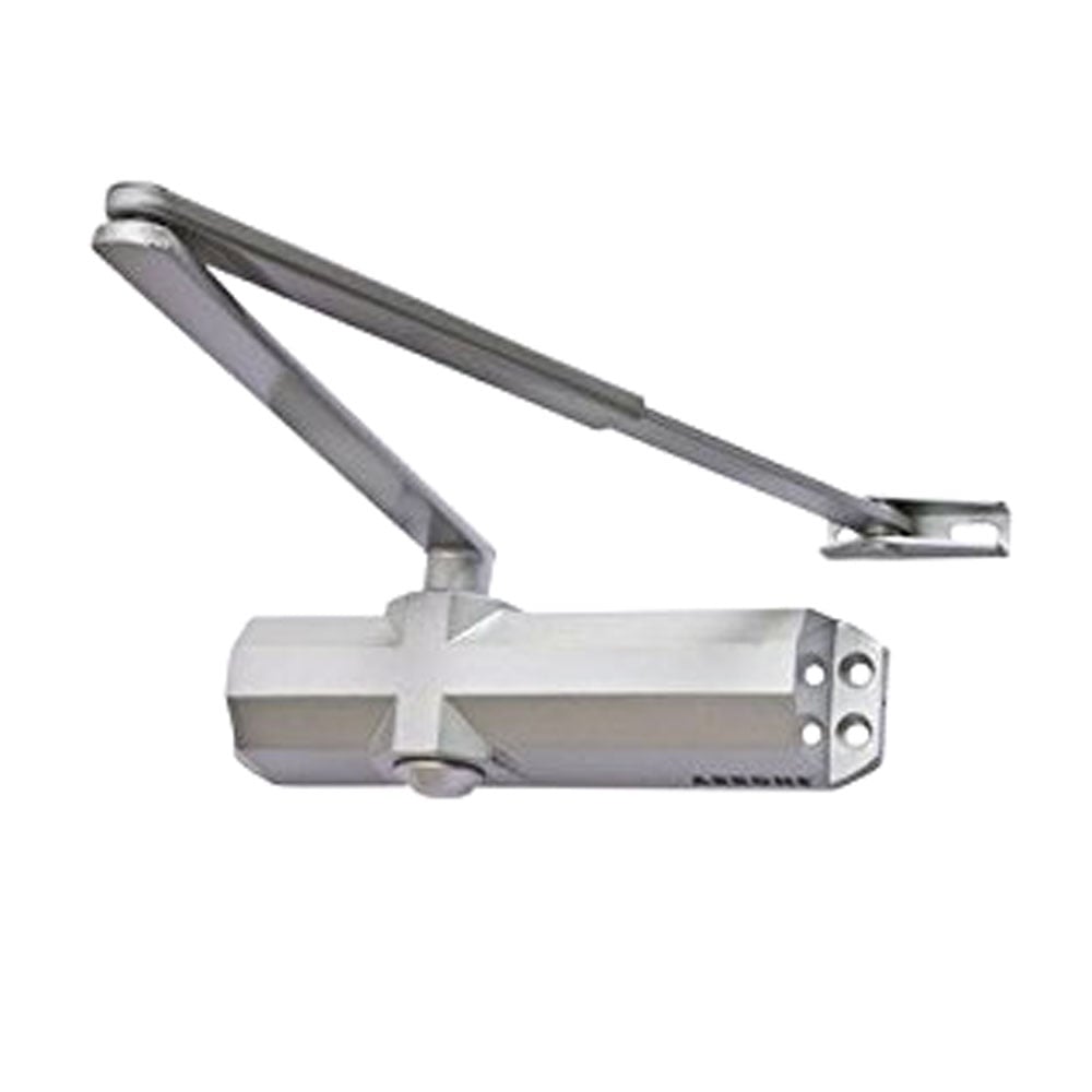 Silver door closer with a metal body and arm, mounted on a door frame.