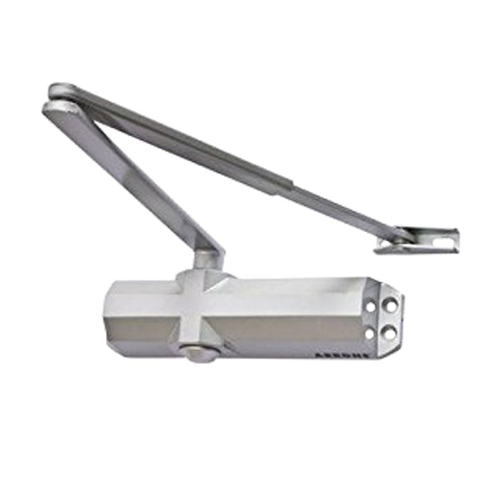 Silver door closer with a metal body and arm, mounted on a door frame.