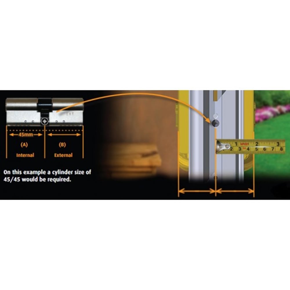 Diagram showing how to measure a door cylinder lock, with internal and external measurements marked as 45mm each. Includes tape measure placement and cylinder labeled 45/45 for accurate sizing.