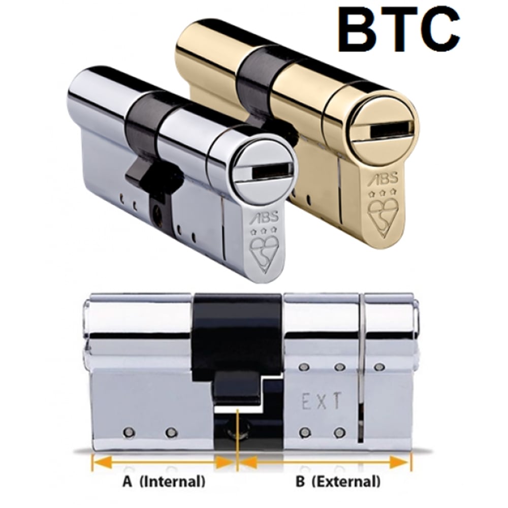 The image shows two Avocet ABS high security euro cylinders, one in silver and one in gold color, with the 'BTC' logo and the British Kitemark symbol visible.
