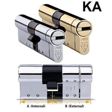 The image shows two Avocet ABS high security euro cylinders, one in silver and one in gold finish, both with the key inserted. The cylinders are marked with the brand logo and the ABS seal.