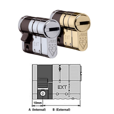 Avocet ABS high security half euro cylinder lock in silver and brass finishes, featuring anti-snap technology and TS007 3-star security rating with technical dimension diagram.
