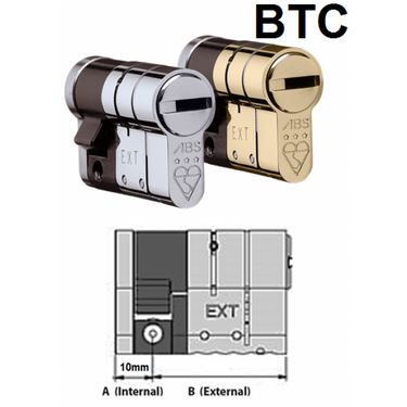 Illustration showing two Avocet ABS high security half euro cylinders in silver and gold color options, along with a technical diagram.