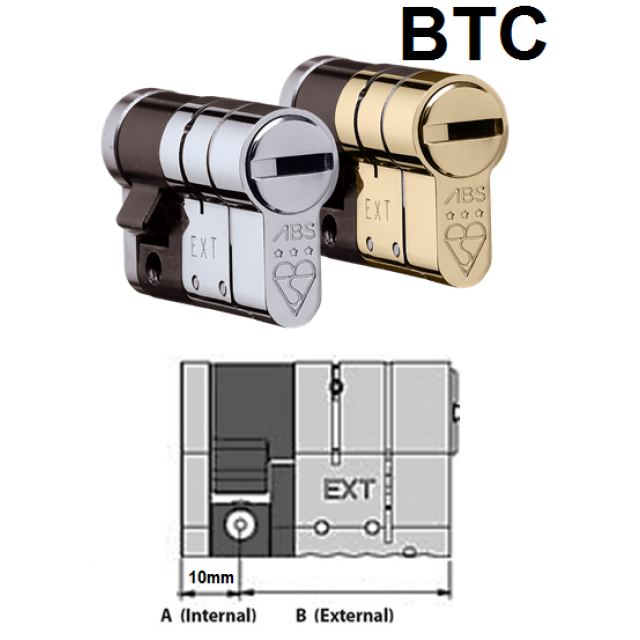 Illustration showing two Avocet ABS high security half euro cylinders in silver and gold color options, along with a technical diagram.
