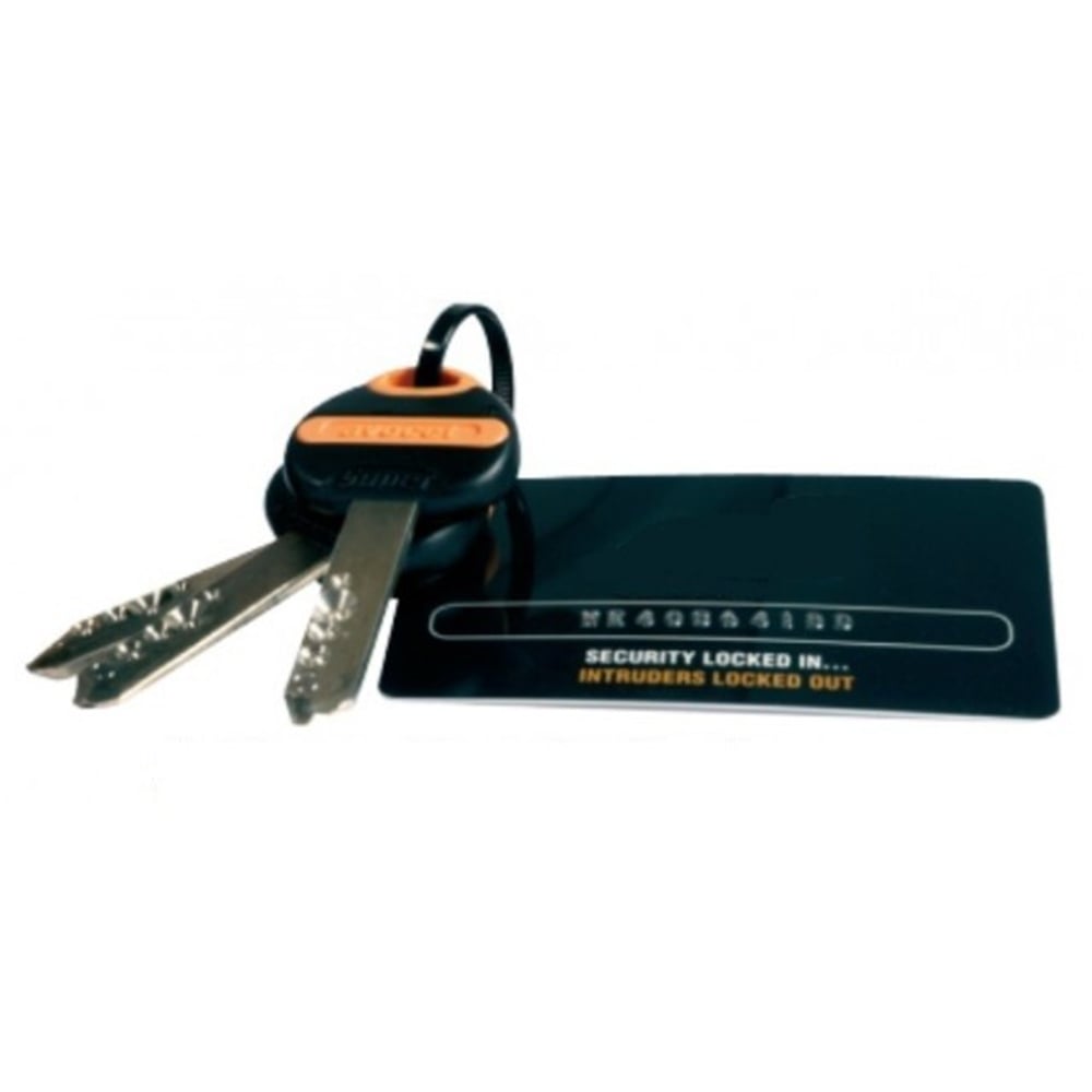 Set of security keys with a keycard, labeled “SECURITY LOCKED IN... INTRUDERS LOCKED OUT,” used for high-security UPVC door locking systems.