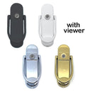 Four Affinity door knockers with integrated viewers shown in black, white, chrome, and gold finishes. Text "with viewer" indicates built-in peephole functionality.