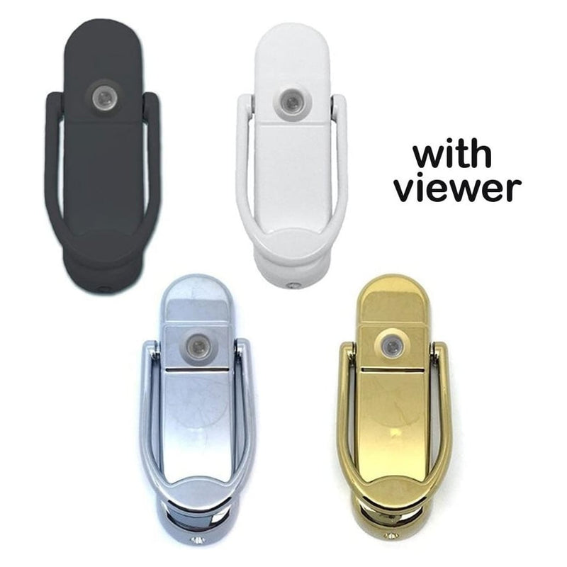 Four Affinity door knockers with integrated viewers shown in black, white, chrome, and gold finishes. Text "with viewer" indicates built-in peephole functionality.