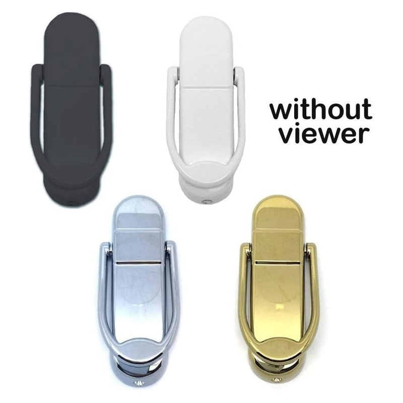 Four Affinity door knockers without integrated viewers shown in black, white, chrome, and gold finishes. Text "without viewer" indicates no built-in peephole functionality.