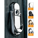 A contemporary style door knocker in silver color, mounted on a door, with color options shown in smaller images below.