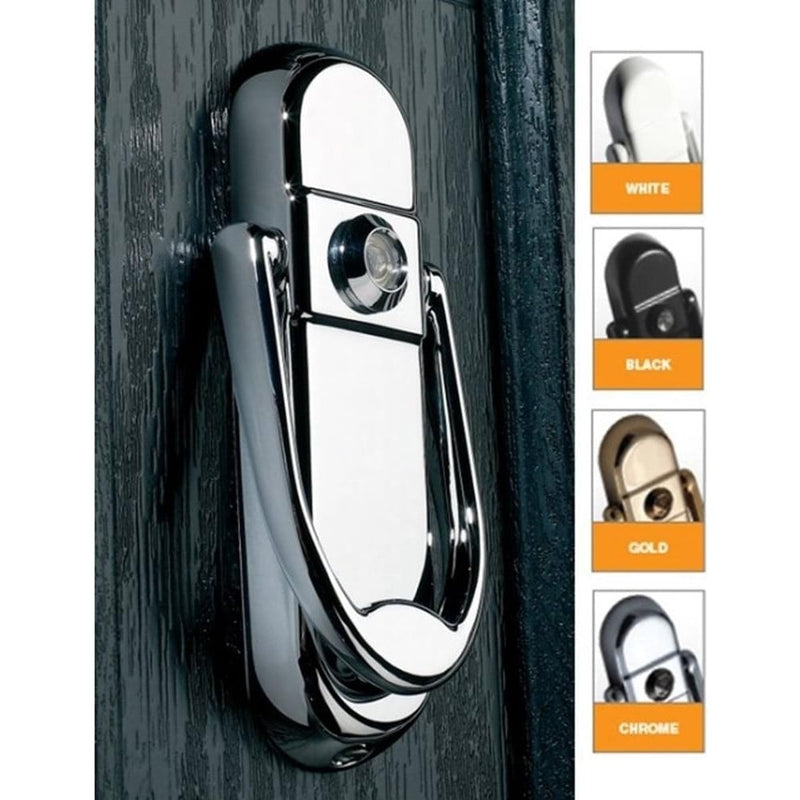 A contemporary style door knocker in silver color, mounted on a door, with color options shown in smaller images below.
