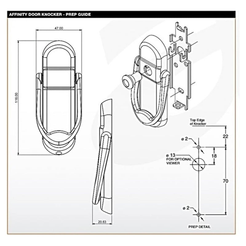 Technical prep guide for Affinity door knocker showing front, side, and exploded views with detailed measurements including 118.90mm height, 47.90mm width, and optional viewer hole positioning.