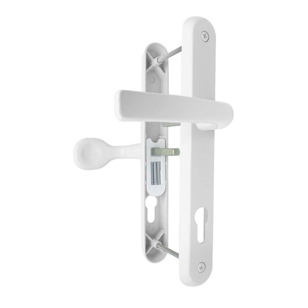 White UPVC door handle set with internal thumb turn lock mechanism.