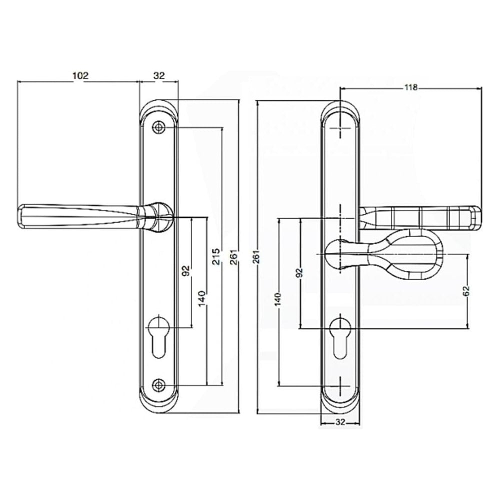 Technical diagram of UPVC door handles with thumb turn, showing detailed measurements including 92mm PZ centre and 215mm screw hole spacing.