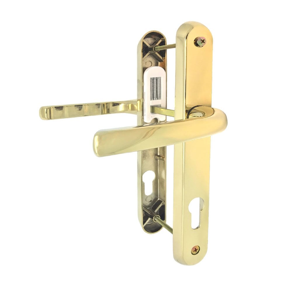 Gold UPVC door handles with lever-lever design and Euro cylinder keyhole cutouts, suitable for multipoint locking systems.
