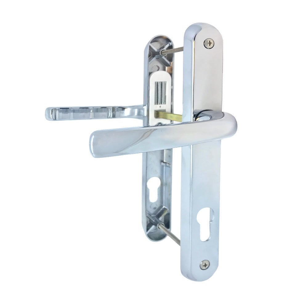 Chrome UPVC door handles with lever-lever design and Euro cylinder keyhole cutouts, compatible with multipoint locking systems.