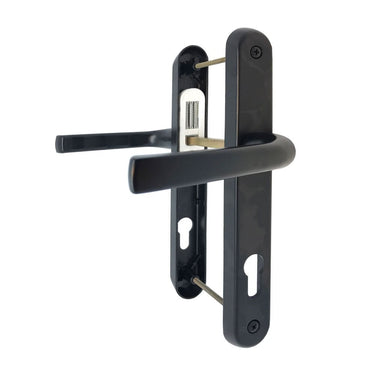 Black UPVC door handles with lever-lever design and Euro cylinder cutouts, suitable for multipoint locking systems.