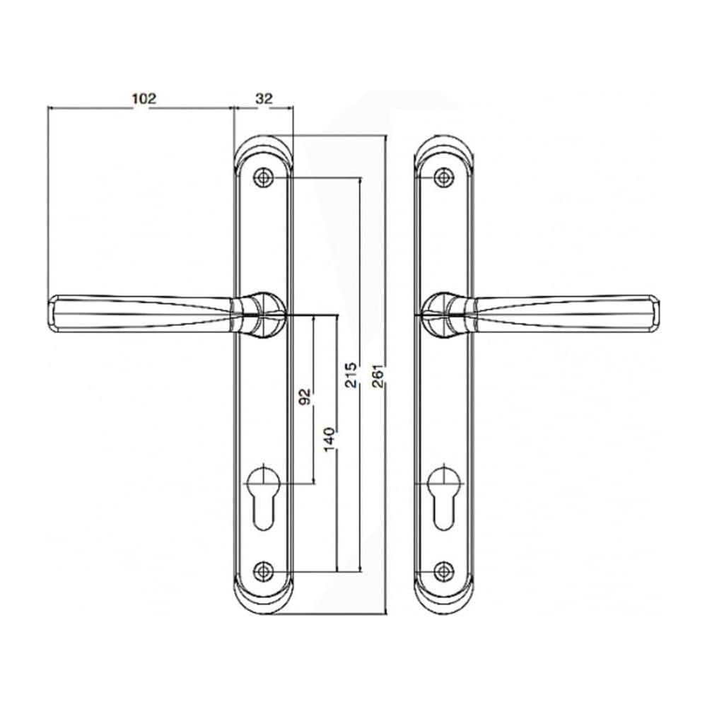 Technical drawing of UPVC door handles showing dimensions, including 92mm PZ center and 215mm screw fixing centers.