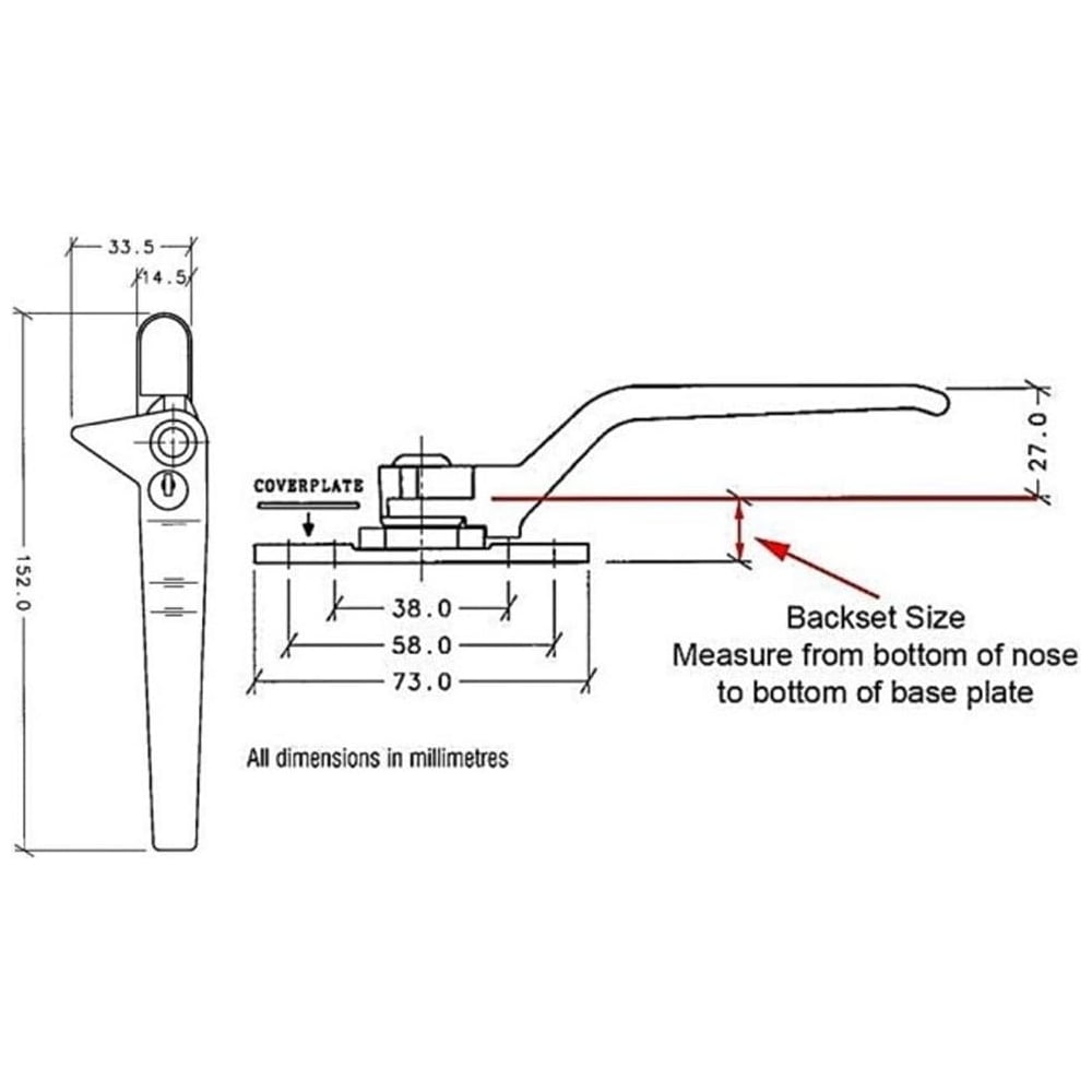Technical drawing of Avocet cockspur replacement uPVC window handles with measurements in millimeters