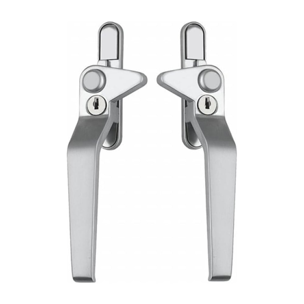 A pair of silver cockspur window handles with keys, suitable for uPVC windows.