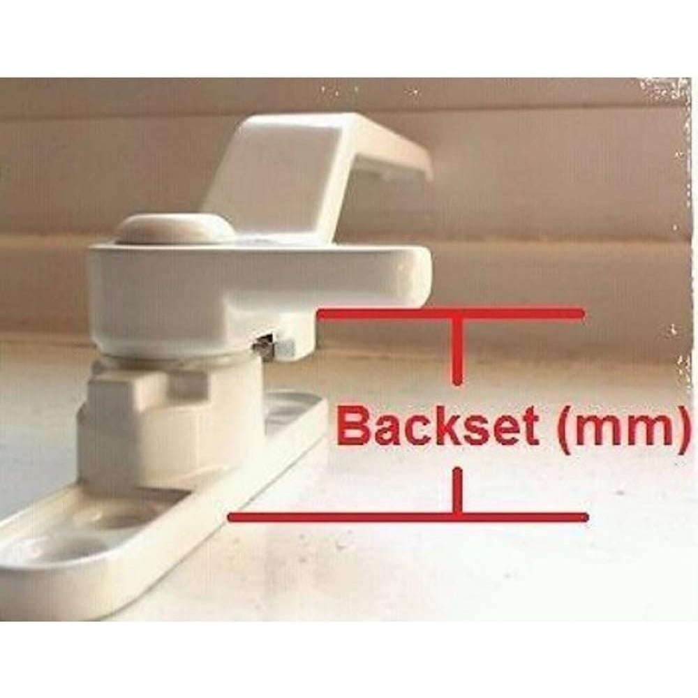 Side view of a white window handle showing how to measure the backset (distance from the front of the base plate to the center of the handle spindle).