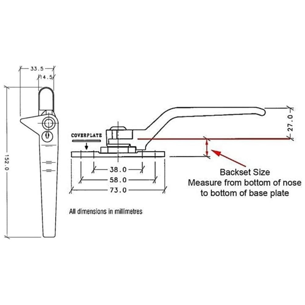 Technical drawing of Avocet cockspur replacement uPVC window handles with measurements in millimeters.