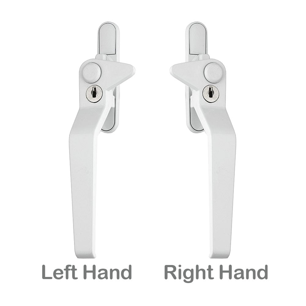 Left and right hand cockspur replacement uPVC Sparta window handles in white finish, each with key lock.