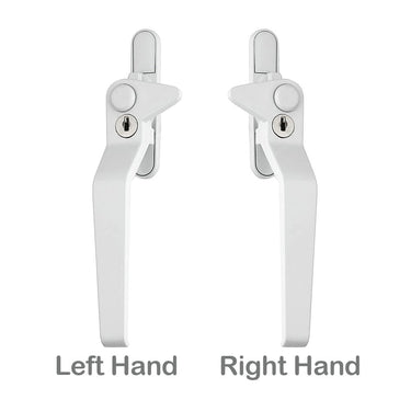 Left and right hand cockspur replacement uPVC Sparta window handles in white finish, each with key lock.