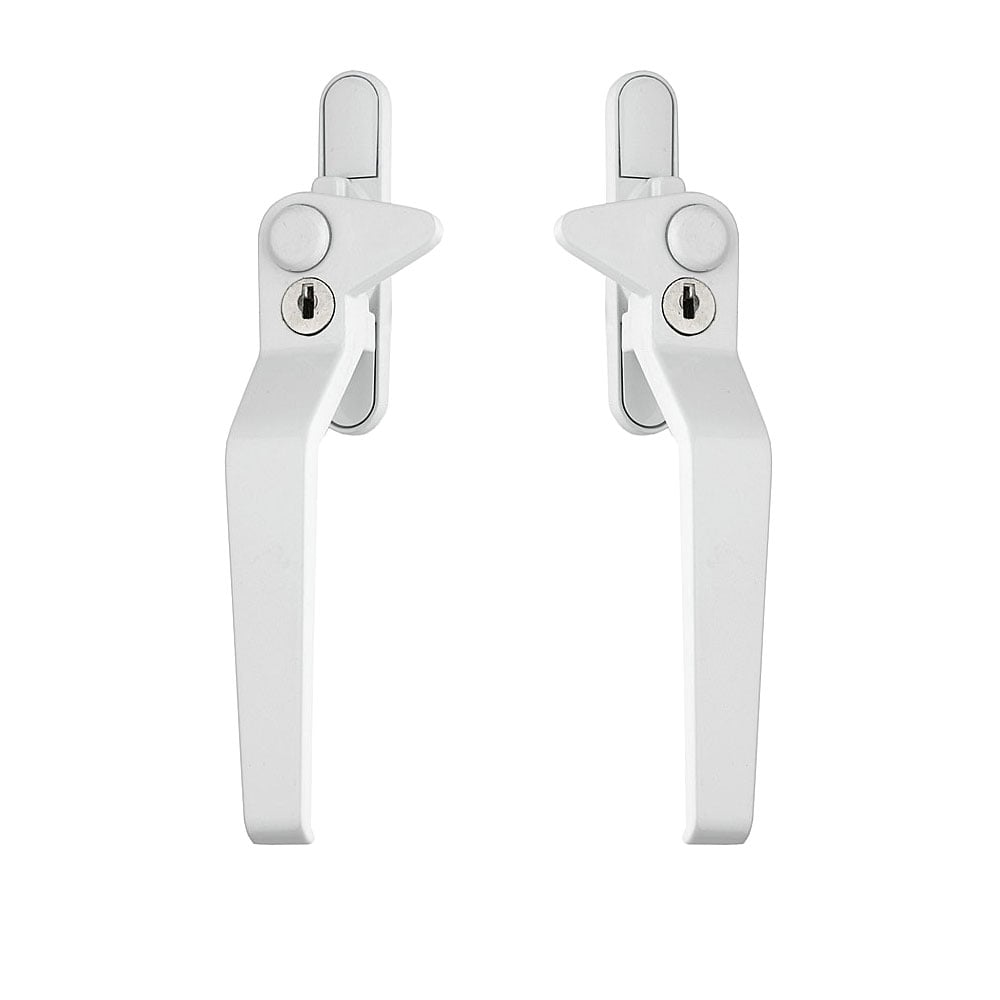 A pair of white metal cockspur window handles with key locks.