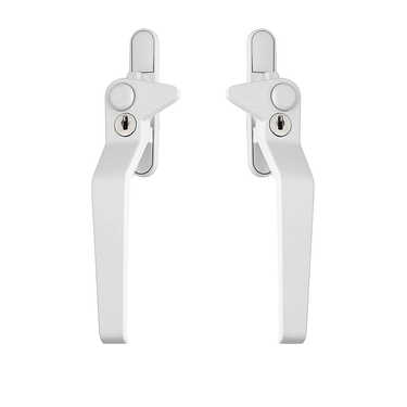 A pair of white metal cockspur window handles with key locks.
