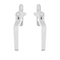 A pair of white metal cockspur window handles with key locks.