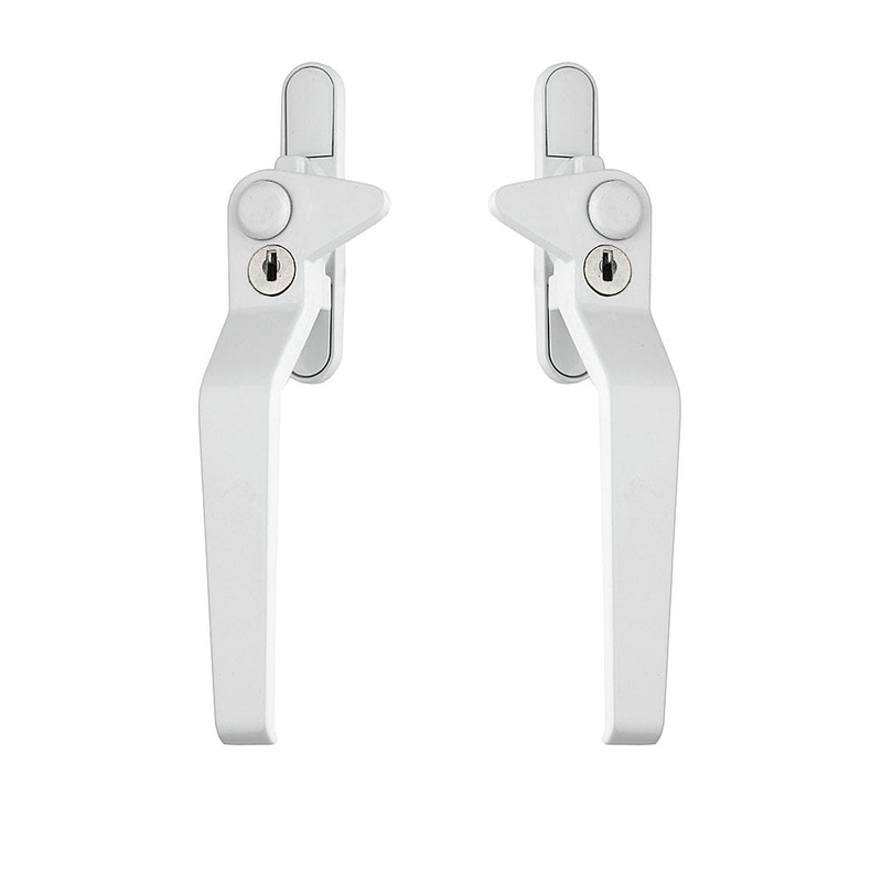 A pair of white metal cockspur window handles with key locks.