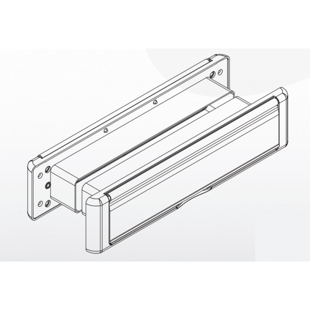 Technical line drawing of a rectangular letterplate with a contoured front flap and internal housing. The design includes screw holes on the side flanges for mounting, and the flap is shown slightly open, indicating how mail can pass through.