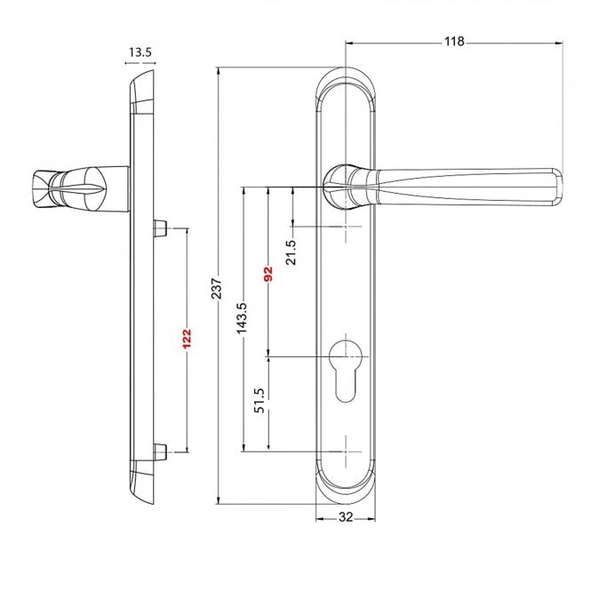 Technical diagram of chrome uPVC door handles (lever lever) with detailed dimensions in millimeters.
