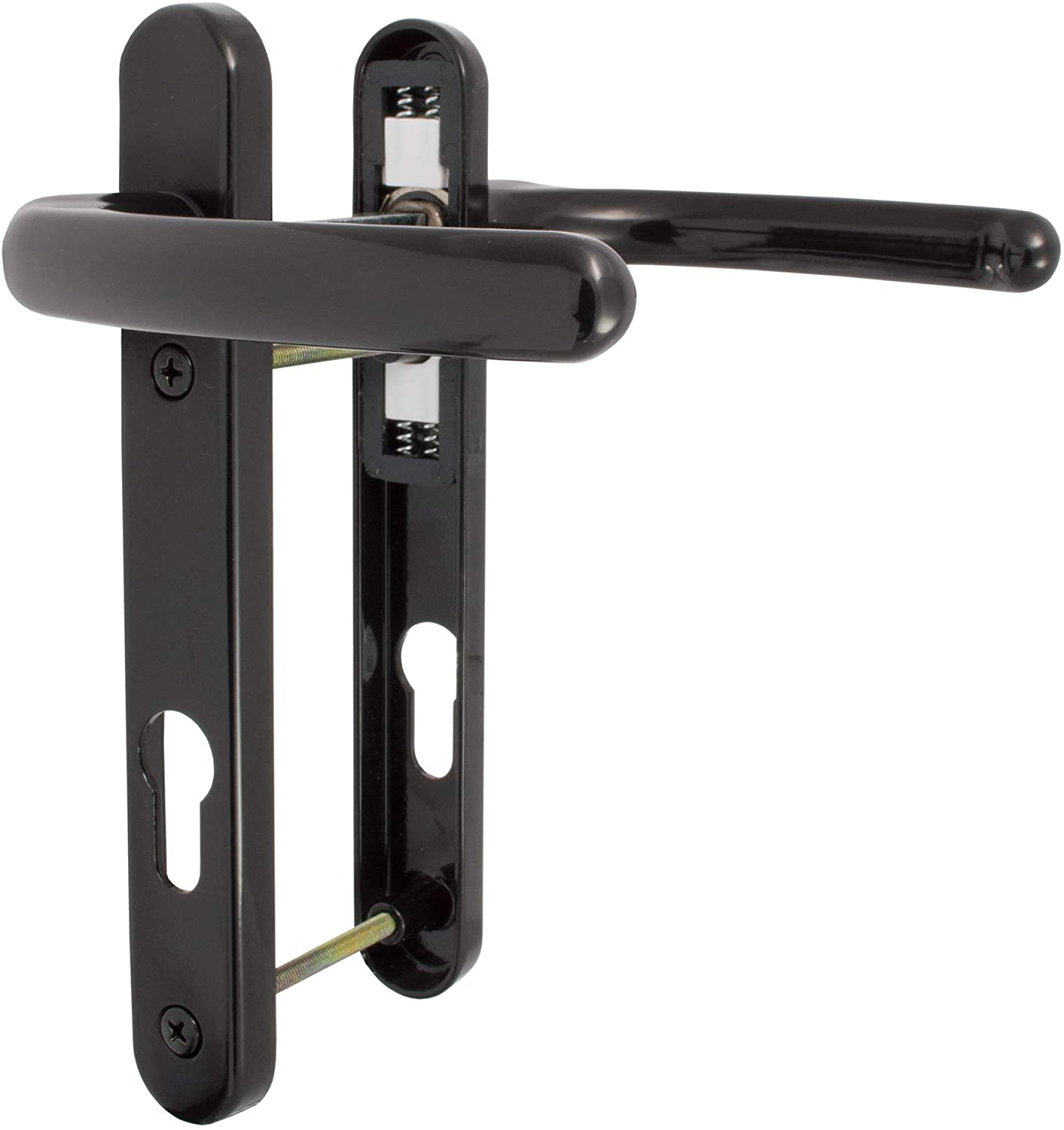 Black UPVC door handle set with lever design, including internal and external handles, fitted with screws and spindle, against a white background.