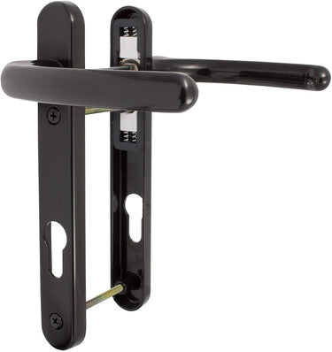 Black UPVC door handle set with lever design, including internal and external handles, fitted with screws and spindle, against a white background.